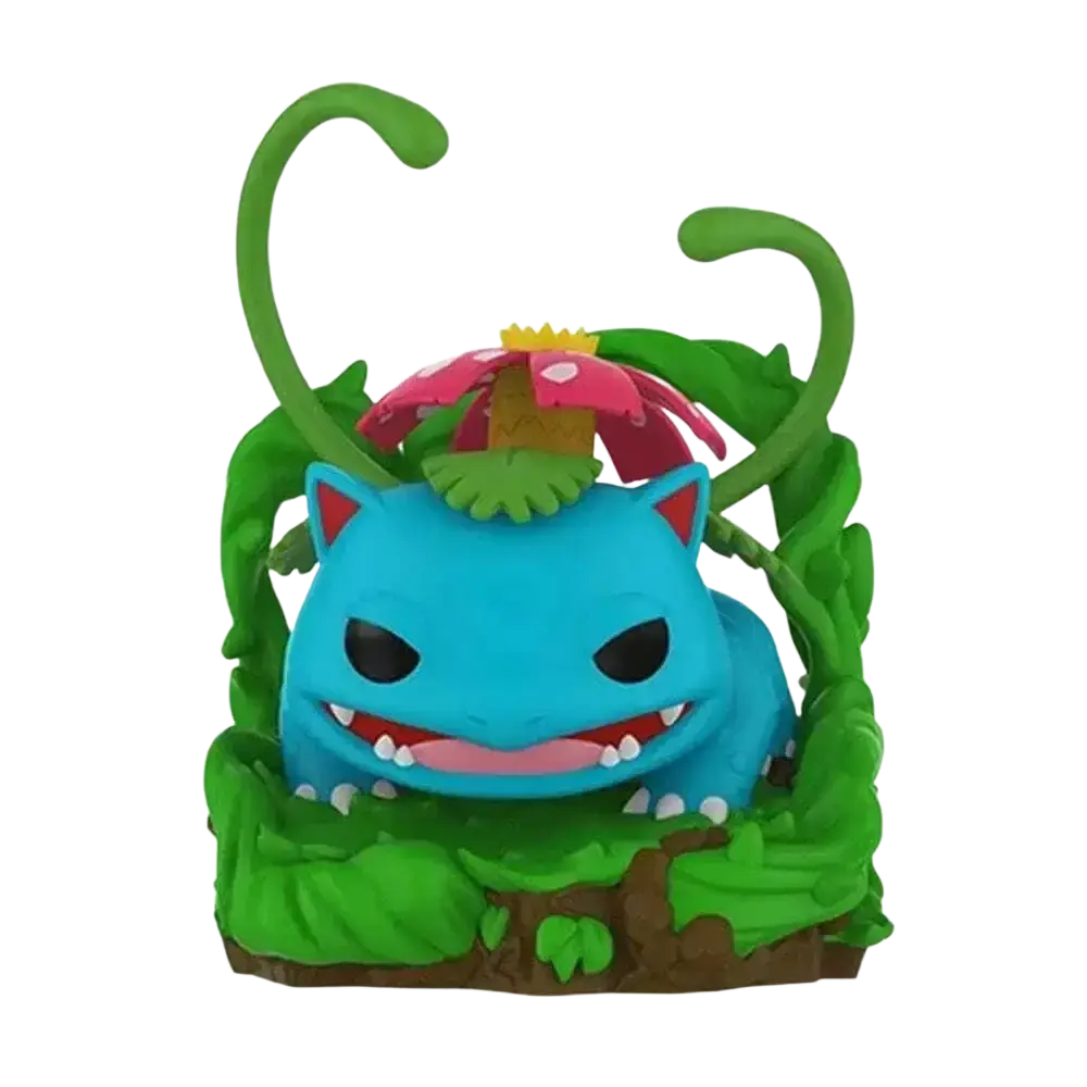 Funko pop vinyl figure of blue bulbasaur with green vines and pink flower on detailed garden base action and toy figures