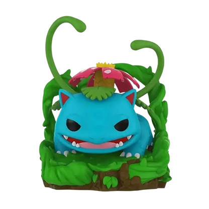 Funko pop vinyl figure of blue bulbasaur with green vines and pink flower on detailed garden base action and toy figures