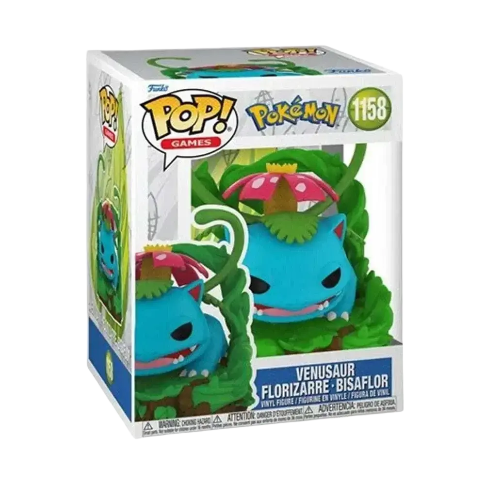 Funko pop pokemon venusaur vinyl figure with blue body pink mushroom cap and green vines in action and toy figures box