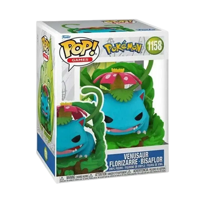 Funko pop pokemon venusaur vinyl figure with blue body pink mushroom cap and green vines in action and toy figures box