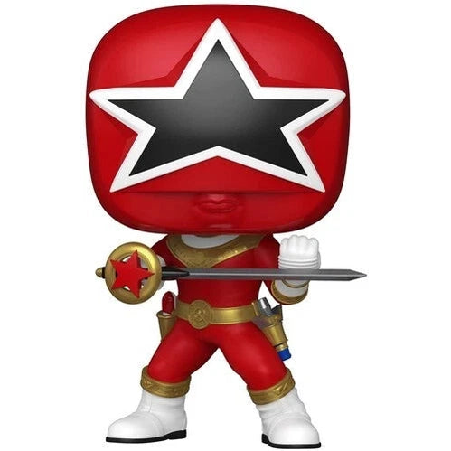 Red power ranger figurine with a black star emblem on its helmet, holding a sword and shield.