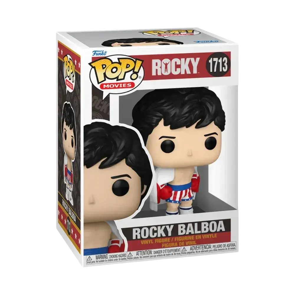 Rocky balboa vinyl figure in a funko pop! Movies collectible box, featuring black hair and red, white, and blue boxing shorts.