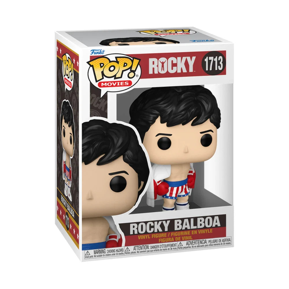 Rocky balboa vinyl figure in a funko pop! Movies collectible box, featuring black hair and red, white, and blue boxing shorts.