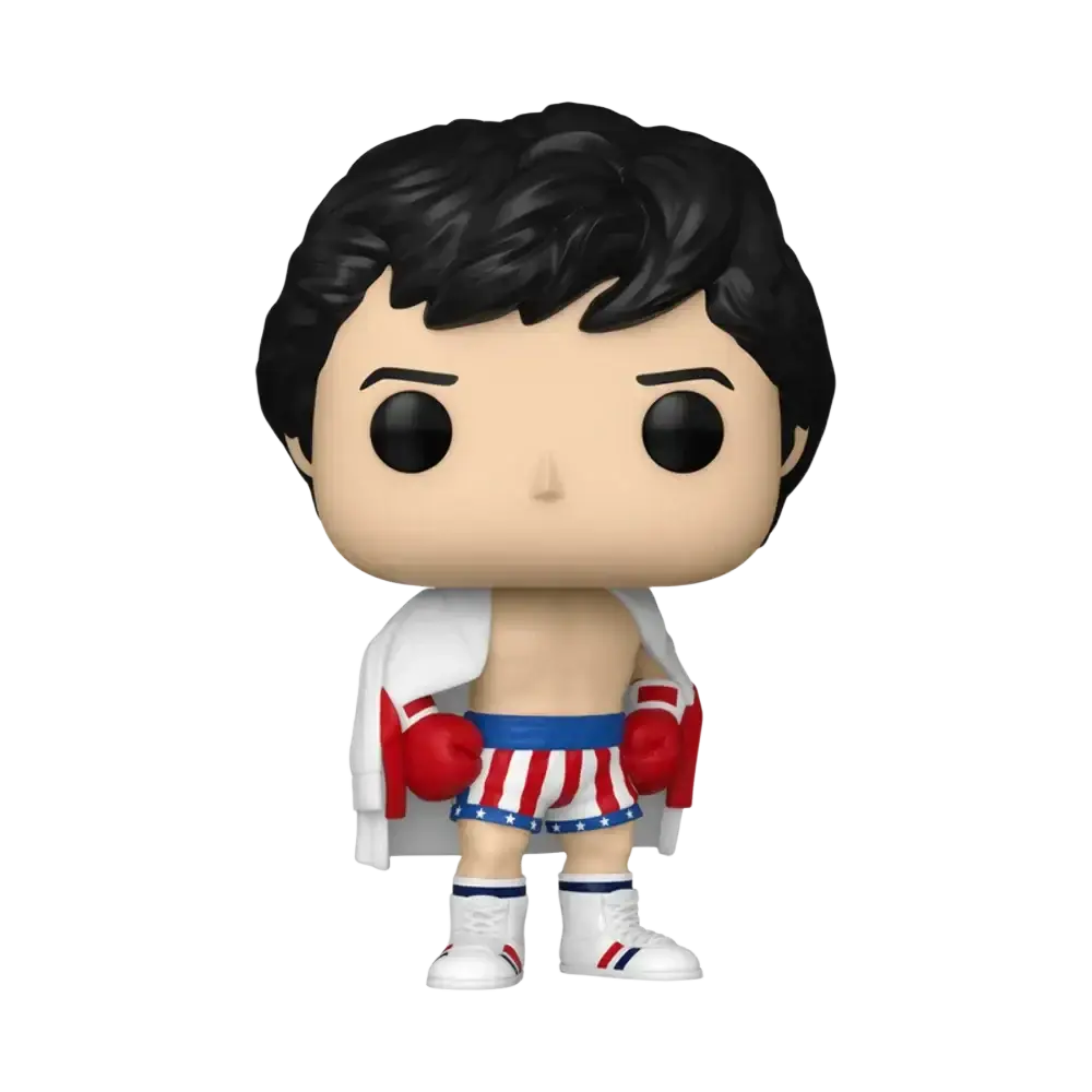 Funko pop! Vinyl figure of rocky balboa in his iconic boxing attire, featuring red, white, and blue striped shorts with stars, matching gloves, a draped white robe, and white boots.