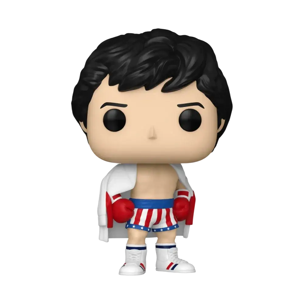 Funko pop! Vinyl figure of rocky balboa in his iconic boxing attire, featuring red, white, and blue striped shorts with stars, matching gloves, a draped white robe, and white boots.