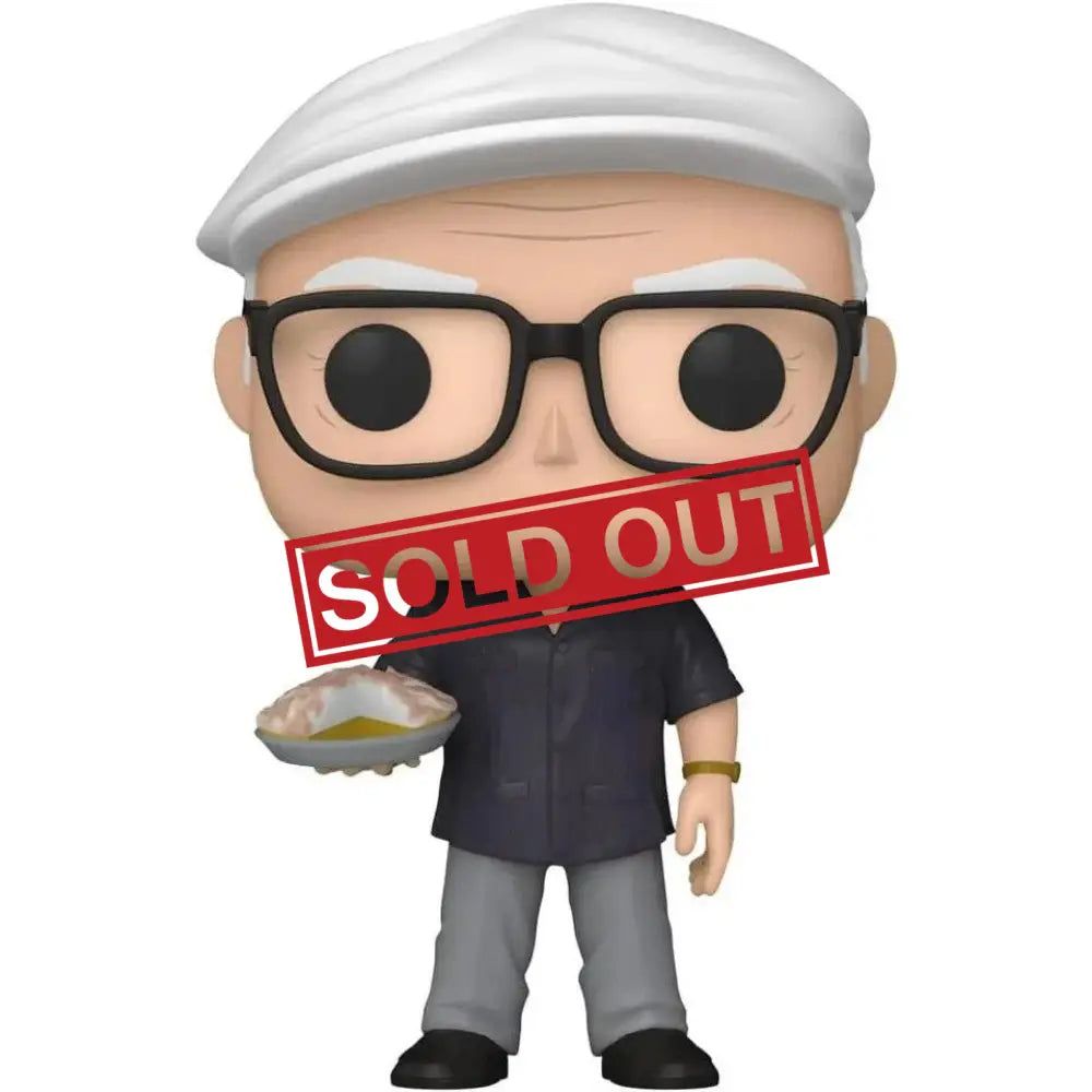 Funko Pop figure of an older man holding a pie.