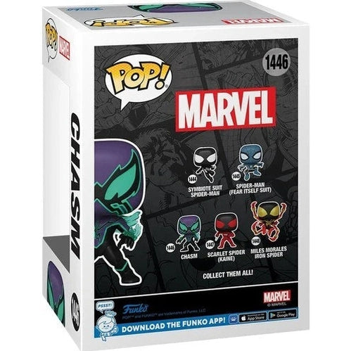 Purple and green chasm funko pop! Figure in a black, white, and red marvel-themed box.