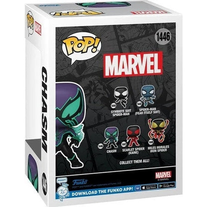 Purple and green chasm funko pop! Figure in a black, white, and red marvel-themed box.