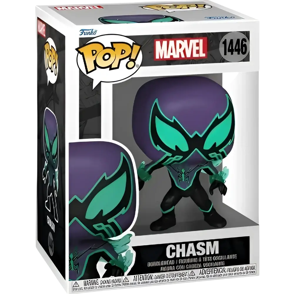 Purple and teal chasm funko pop! Vinyl figure with glowing green accents on its mask, suit, and gloves.