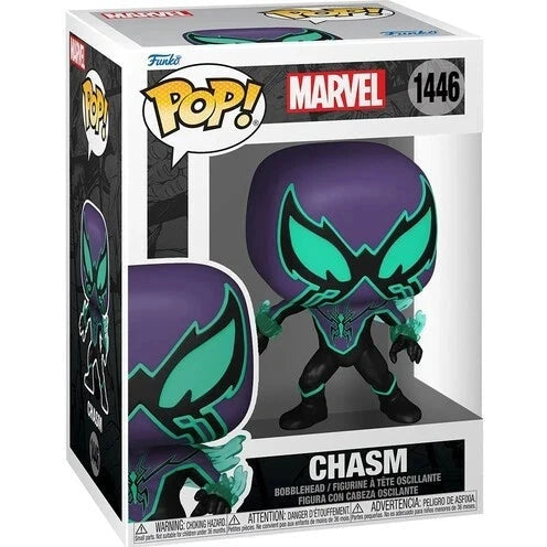 Purple and teal chasm funko pop! Vinyl figure with glowing green accents on its mask, suit, and gloves.