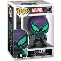 Purple and teal chasm funko pop! Vinyl figure with glowing green accents on its mask, suit, and gloves.