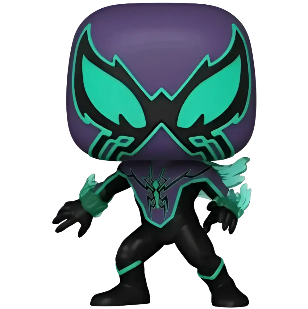Purple and teal spider-man figure with glowing green accents, featuring a stylized mask design.