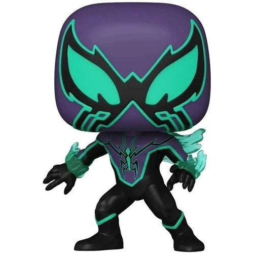 Purple and teal spider-man figure with glowing green accents, featuring a stylized mask design.
