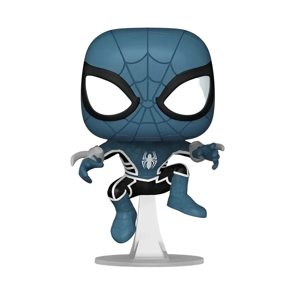 Blue and black spider-man funko pop figure with a white spider emblem on the chest.