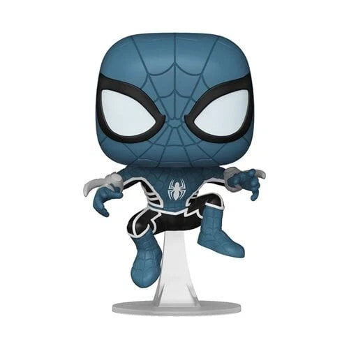 Blue and black spider-man funko pop figure with a white spider emblem on the chest.