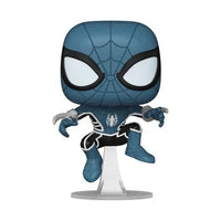 Blue and black spider-man funko pop figure with a white spider emblem on the chest.