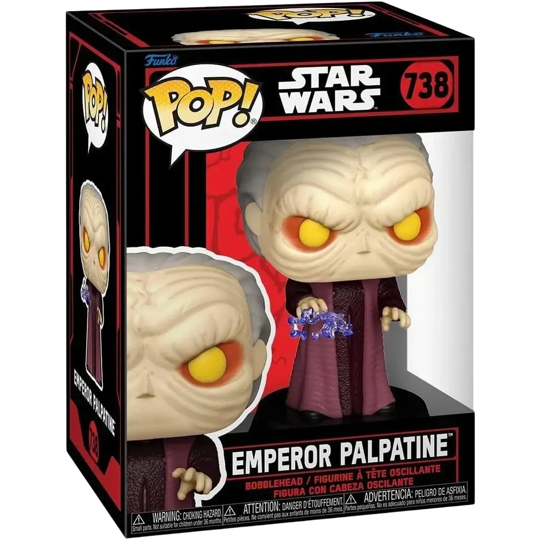 Funko pop! Star wars emperor palpatine bobblehead in a black and red box, featuring his pale gray face with glowing yellow eyes and dark purple robe.
