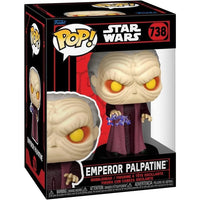 Funko pop! Star wars emperor palpatine bobblehead in a black and red box, featuring his pale gray face with glowing yellow eyes and dark purple robe.