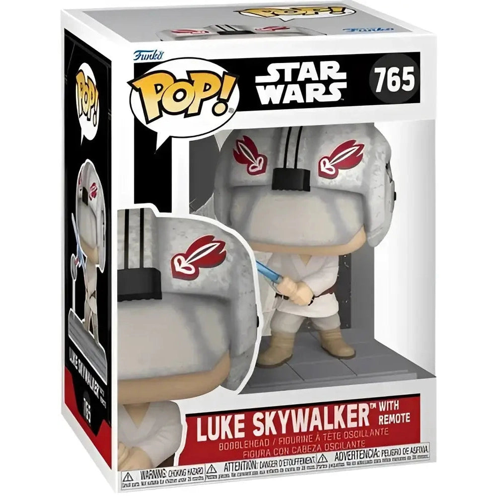 A Funko Pop! figure of Luke Skywalker in his Hoth pilot gear, holding a blue lightsaber, displayed in its original box.