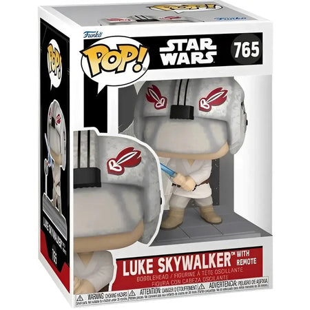 A Funko Pop! figure of Luke Skywalker in his Hoth pilot gear, holding a blue lightsaber, displayed in its original box.