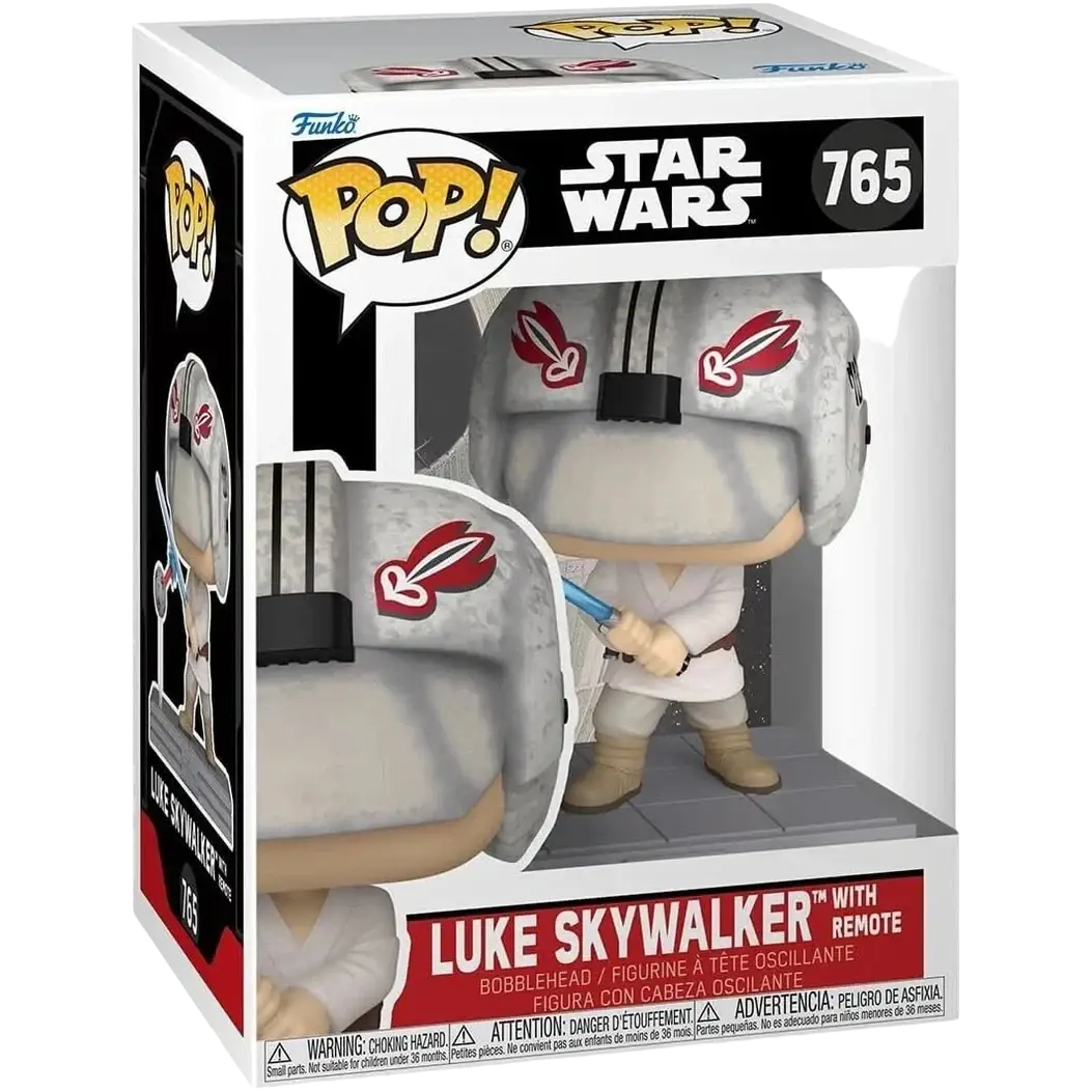 Gray and white funko pop! Star wars luke skywalker figure with red insignia on his helmet, holding a blue lightsaber.