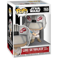 Gray and white funko pop! Star wars luke skywalker figure with red insignia on his helmet, holding a blue lightsaber.