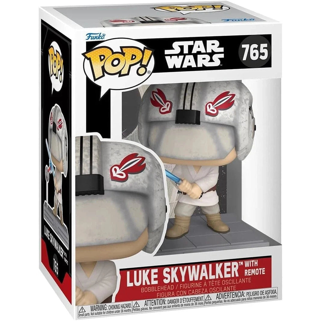 Gray and white funko pop! Star wars luke skywalker figure with red insignia on his helmet, holding a blue lightsaber.