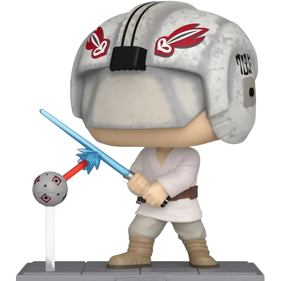 A funko pop! Vinyl figure of a star wars character wearing a gray helmet with red and white insignias, holding a blue lightsaber, dressed in a white tunic and beige pants.