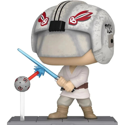 A funko pop! Vinyl figure of a star wars character wearing a gray helmet with red and white insignias, holding a blue lightsaber, dressed in a white tunic and beige pants.
