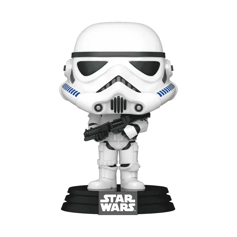 Funko POP Star Wars stormtrooper vinyl figure with white and blue armor holding a blaster from pride collection
