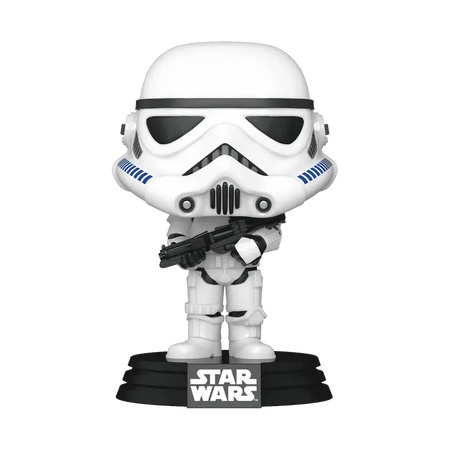 Funko POP Star Wars stormtrooper vinyl figure with white and blue armor holding a blaster from pride collection