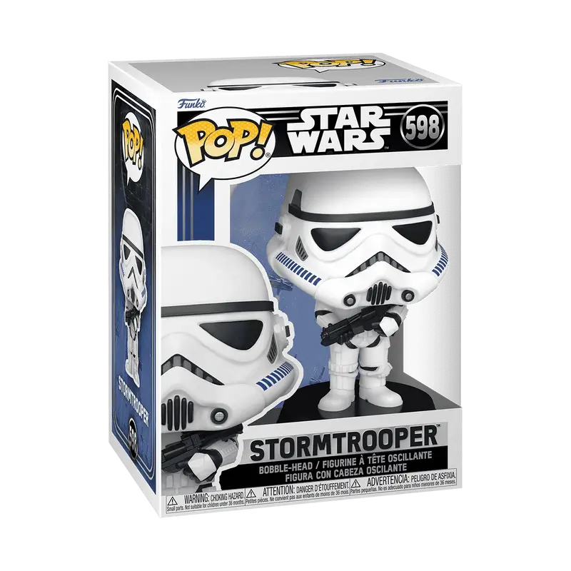 Funko pop vinyl figure of a white stormtrooper with black visor blue accents holding a blaster from star wars pride collection