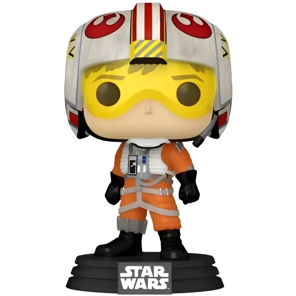 Orange and white star wars funko pop! Figure of a pilot in an orange flight suit with black gloves, gray harness straps, and a helmet featuring red circular markings on the sides.