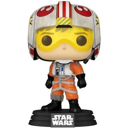 Orange and white star wars funko pop! Figure of a pilot in an orange flight suit with black gloves, gray harness straps, and a helmet featuring red circular markings on the sides.