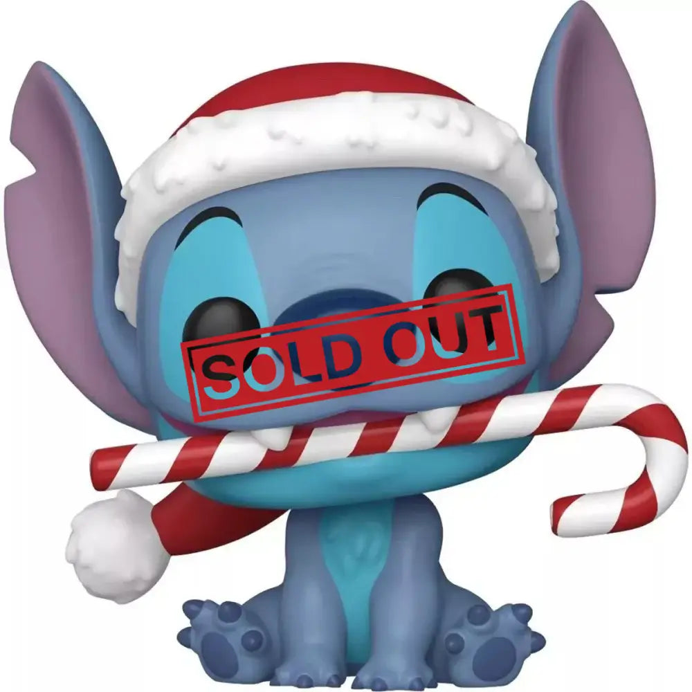 Stitch Funko Pop with Santa hat and candy cane.