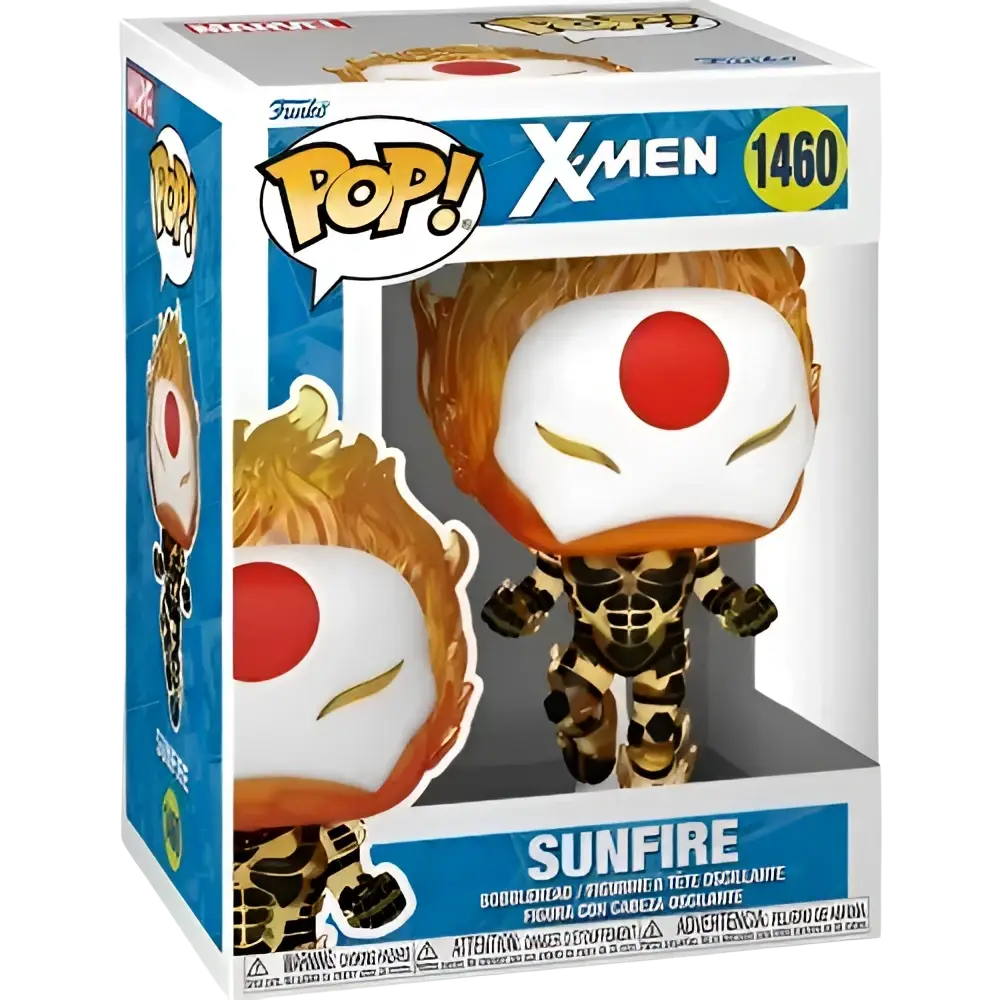 Sunfire, a funko pop! X-men figure with fiery orange and yellow hair, white face featuring red circular eyes and black-and-gold patterned suit.