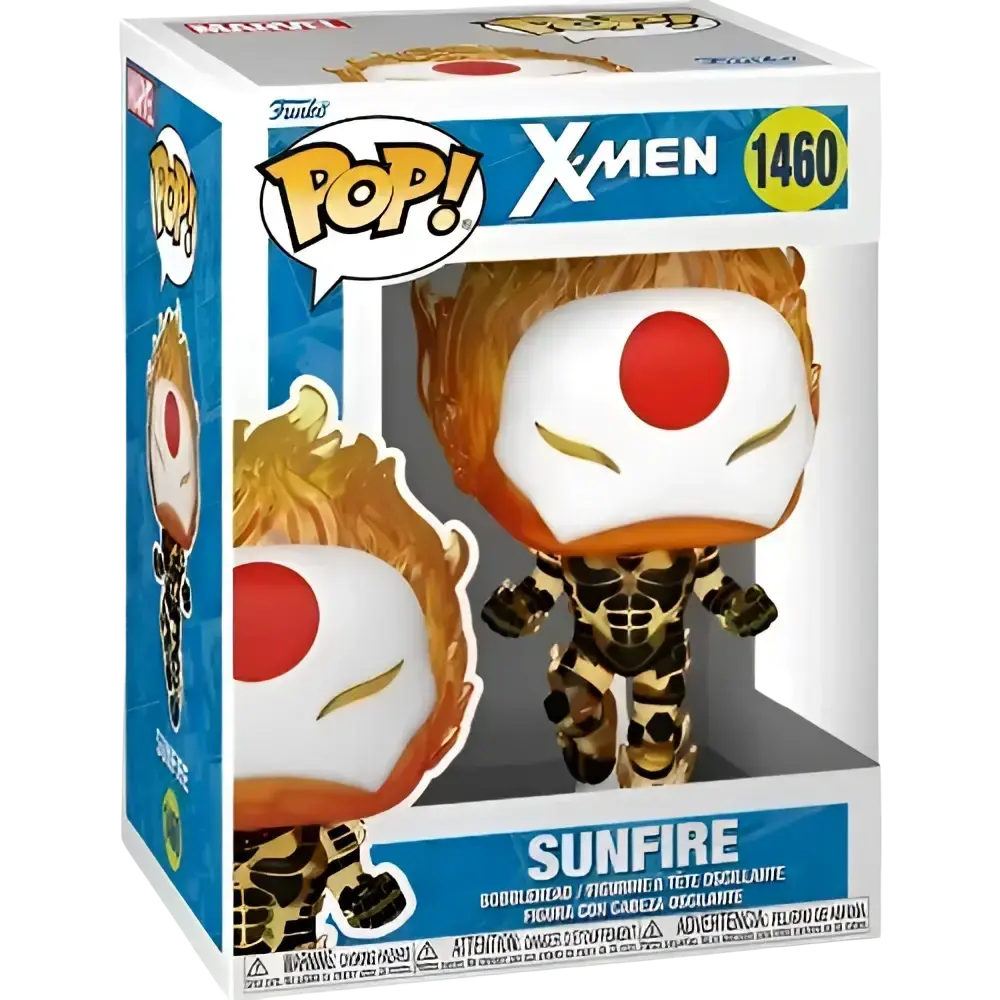 Sunfire, a funko pop! X-men figure with fiery orange and yellow hair, white face featuring red circular eyes and black-and-gold patterned suit.