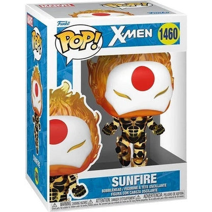 Sunfire, a funko pop! X-men figure with fiery orange and yellow hair, white face featuring red circular eyes and black-and-gold patterned suit.