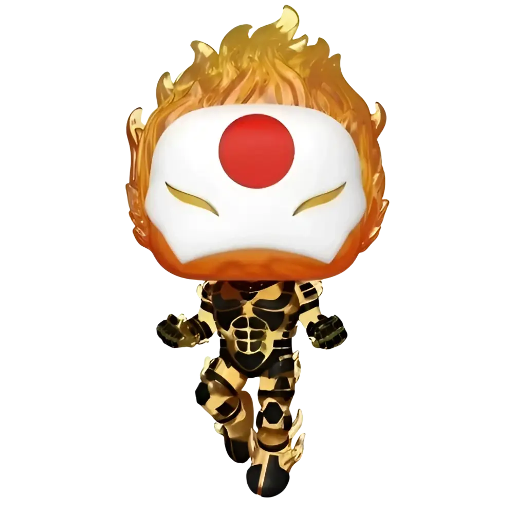 Golden and black armored figure with fiery orange hair and a white face featuring a red circular mark.