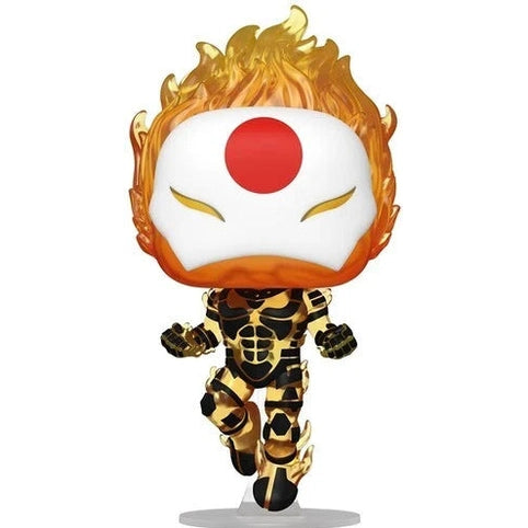 Golden and black armored figure with fiery orange hair and a white face featuring a red circular mark.