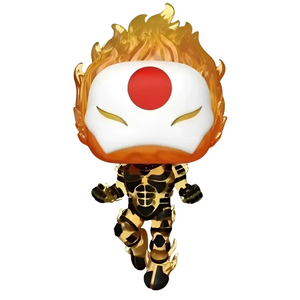 Golden and black armored figure with fiery orange hair and a white face featuring a red circular mark.