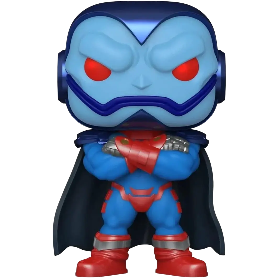Blue and red marvel character figurine with glowing red eyes, metallic accents on armor and boots.