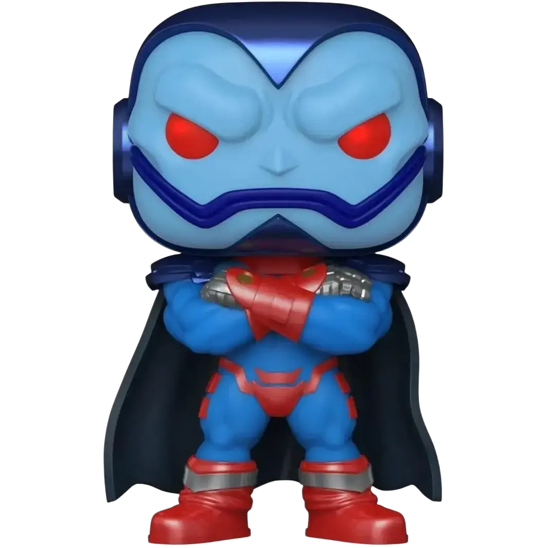 Blue and red marvel character figurine with glowing red eyes, metallic accents on armor and boots.