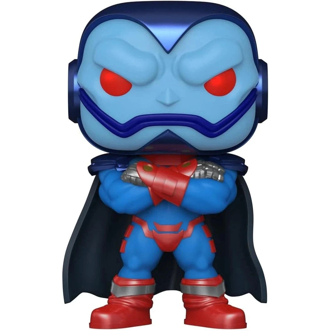 Blue and red marvel character figurine with glowing red eyes, metallic accents on armor and boots.