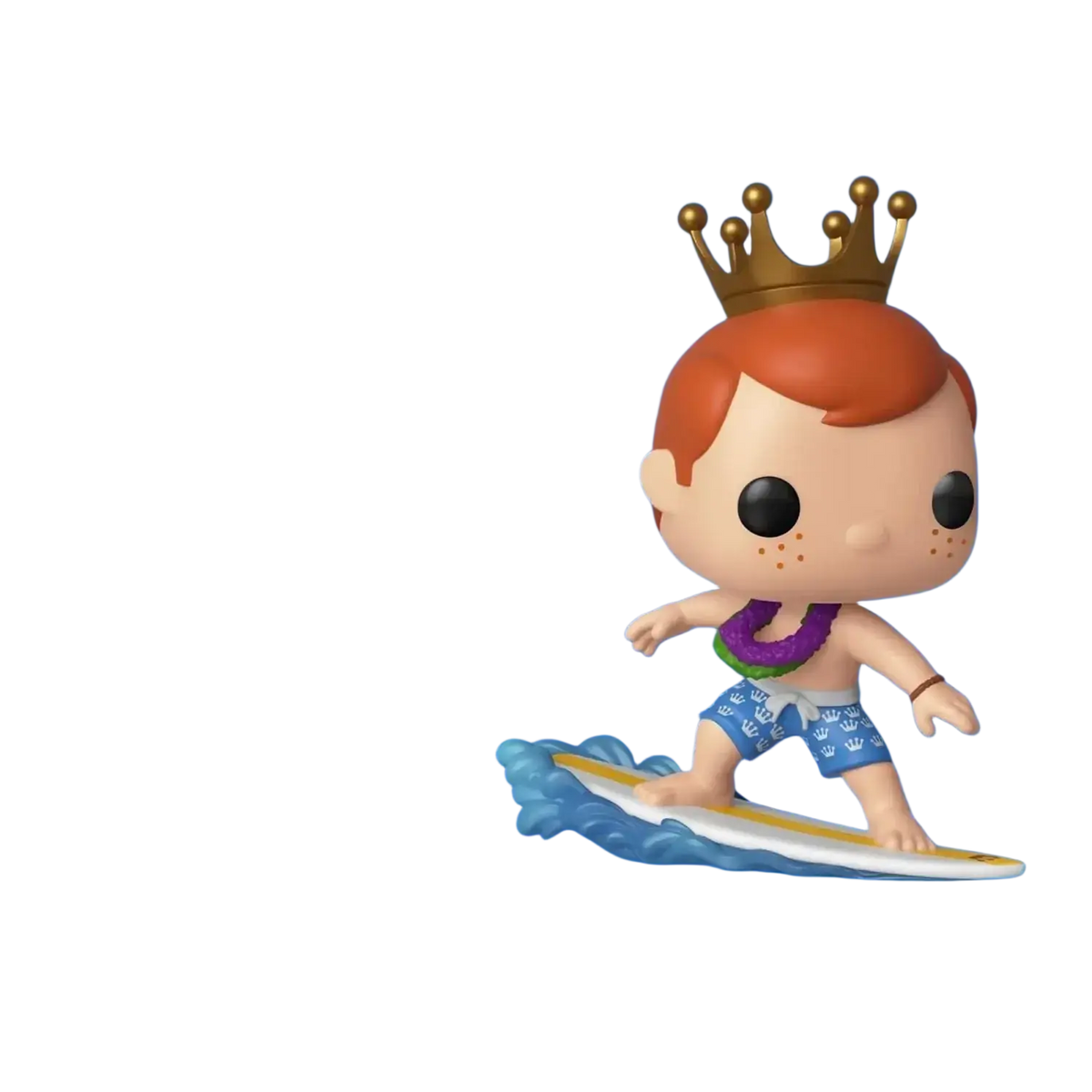 A funko pop! Vinyl figure of a surfer with red hair, wearing blue swim trunks adorned with white crown patterns and a purple lei, topped with a gold crown.