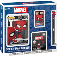 Funko spider-man vinyl bobble-head bundle box 4-pack with red and blue spider-man figures in clear window display