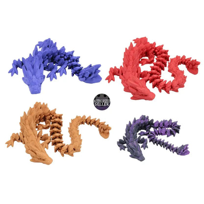 Four colorful articulated crystal dragons.