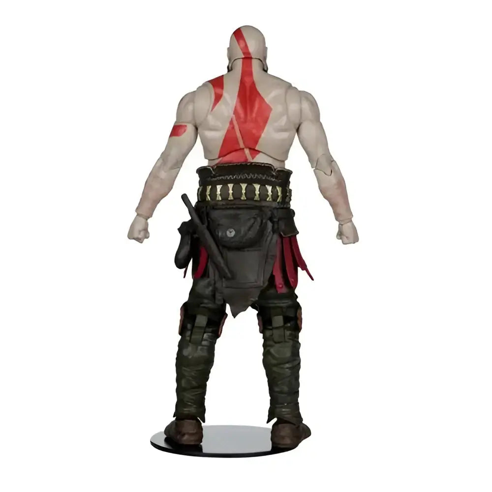 The back of a detailed muscular kratos 7-inch scale action figure with red markings and dark green tactical gear