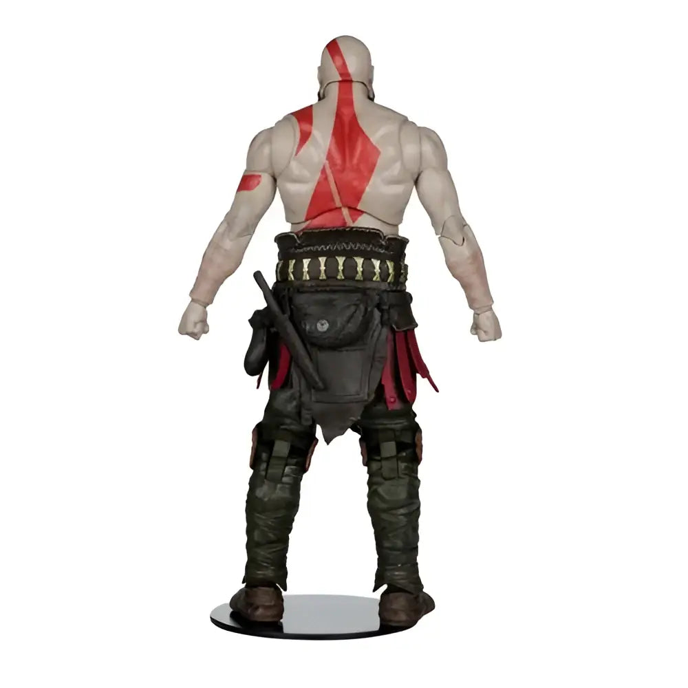 The back of a detailed muscular kratos 7-inch scale action figure with red markings and dark green tactical gear