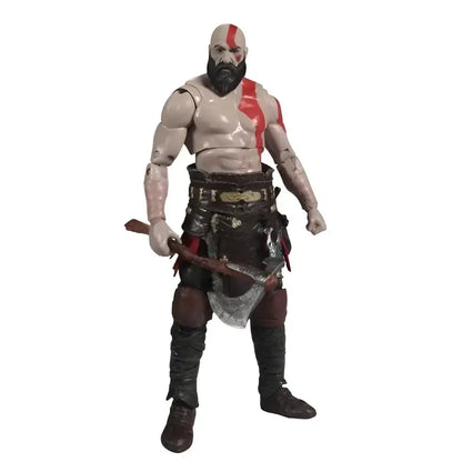 God of war kratos 7-inch scale action figure with detailed sculpted musculature and red black markings in leather armor